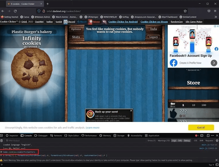 Cookie Clicker Hack in Firefox Browser