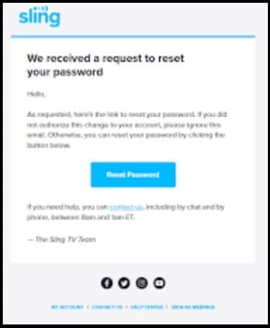 Reset Password Step for Sling TV