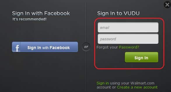Vudu Sign in Using Facebook Account